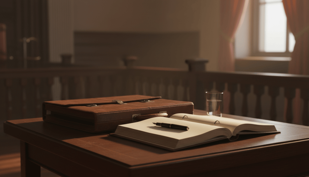 Counsel table in a courtroom with a leather briefcase, an open case file and a fountain pen