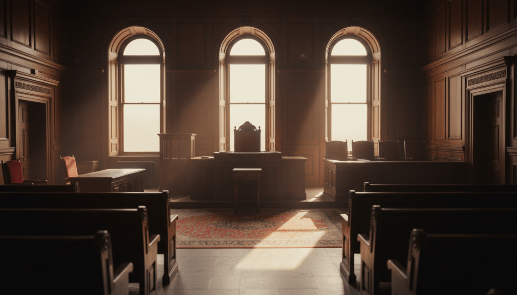 Empty wood-paneled courtroom with warm light falling across the judge's bench and jury box