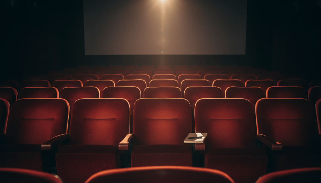 Rows of red velvet seats in an empty, dimly lit movie theater with a notebook on one armrest
